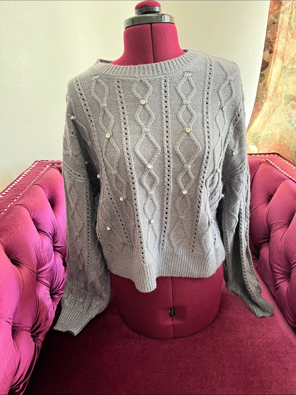 Gray Diamond Rhinestone-Accent Cable Knit Sweater Size 0X Forever 21